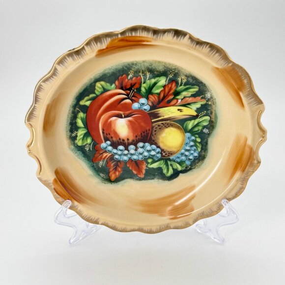 Vintage Hand-Painted Ceramic Fruit Plate With Scalloped Edges & Gold Trim MCM - Picture 3 of 7